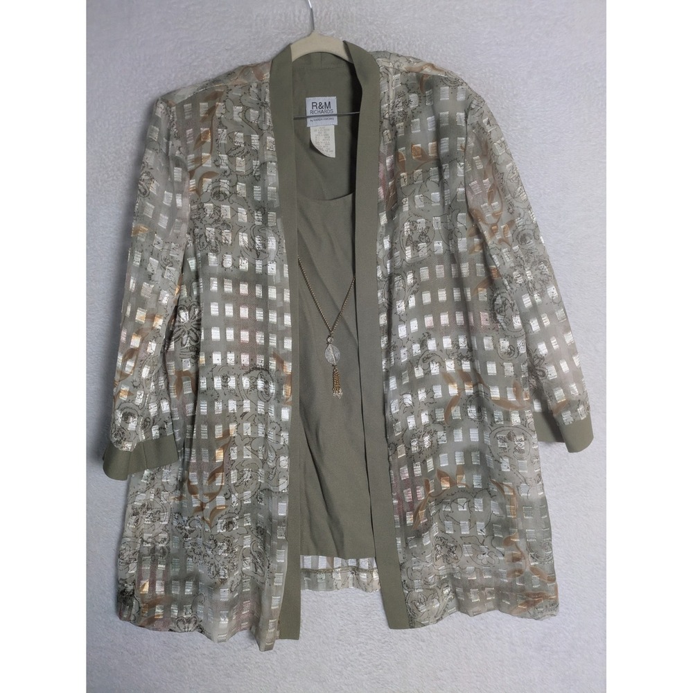 R&M Richards Jacket Set Women's 18 Green Metallic Sheer Mock Neck